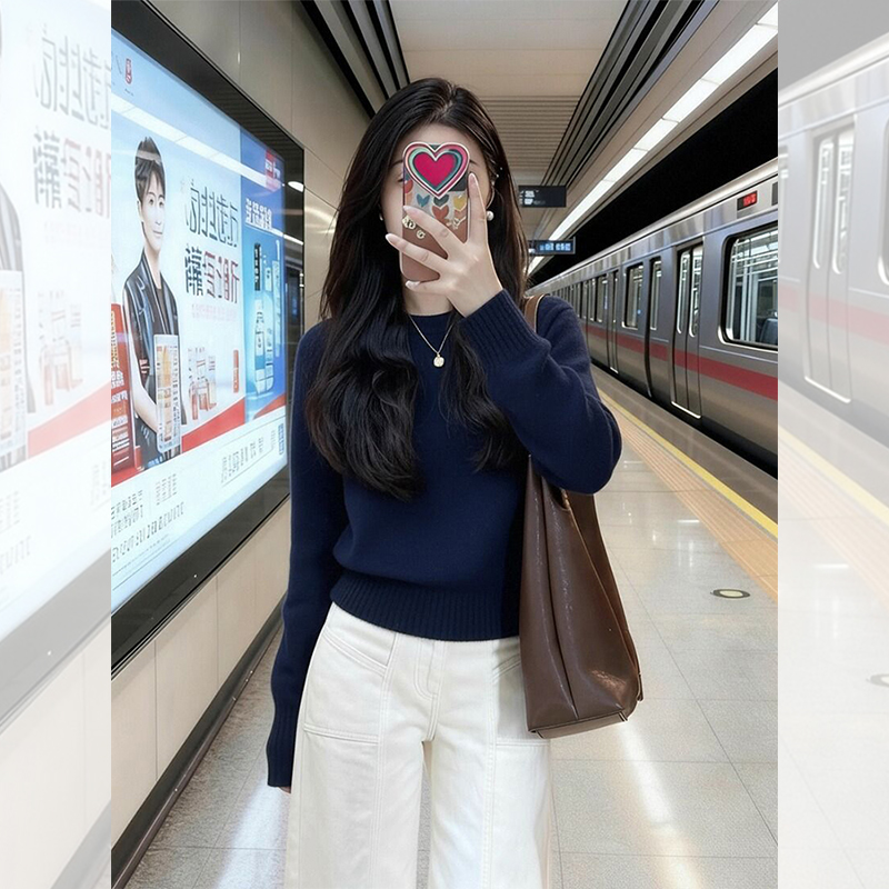 独特漂亮内搭小衫洋气高贵上衣服蓝色收腰打底针织衫韩系女装秋冬