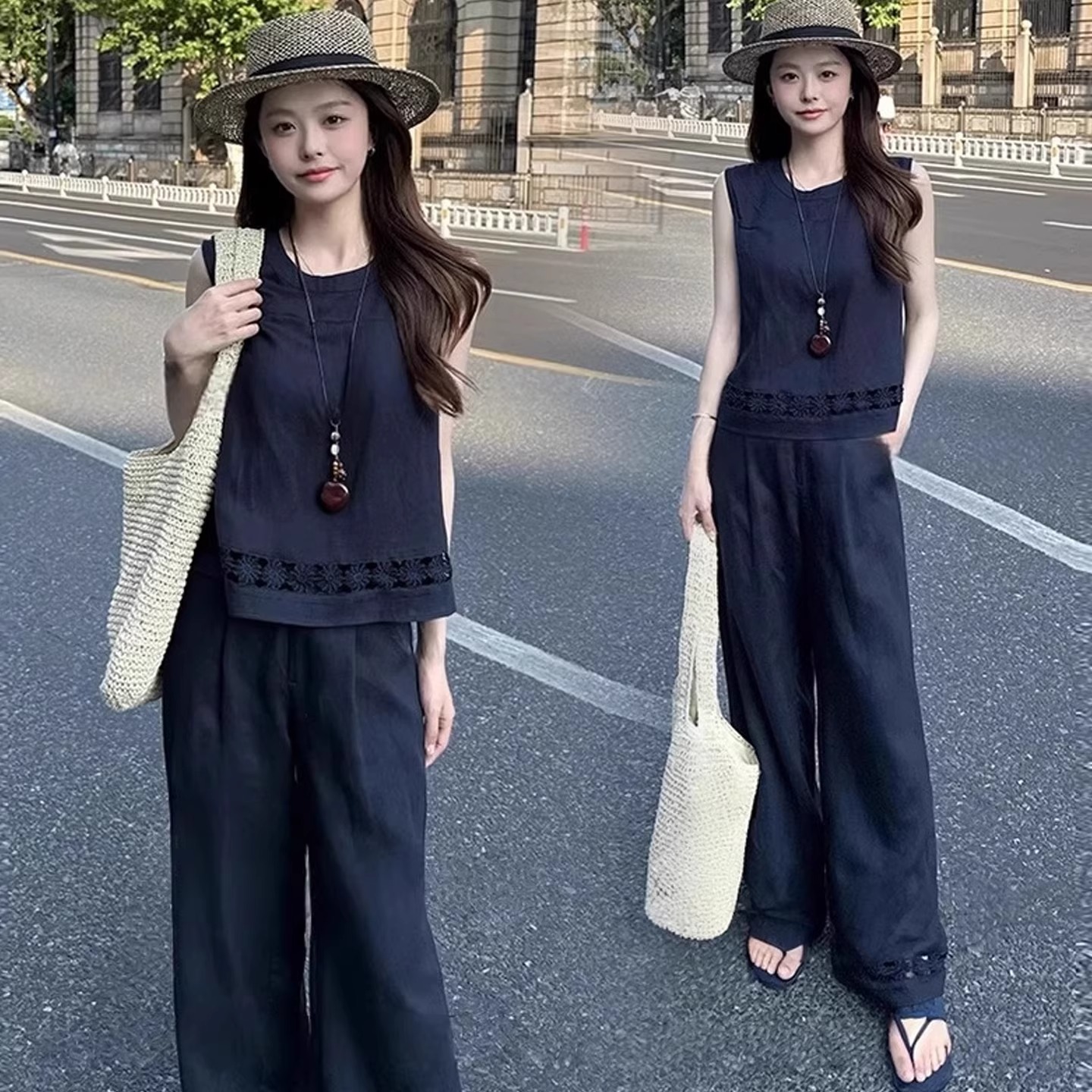 拉夏贝尔时尚套装女2025春秋洋气减龄木耳边上衣阔腿裤气质两件套
