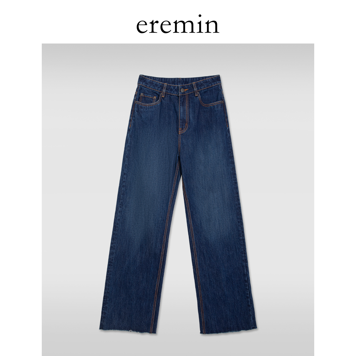DE Mincollection深蓝牛仔/缪系复古水洗明线长腿直筒牛仔裤55847