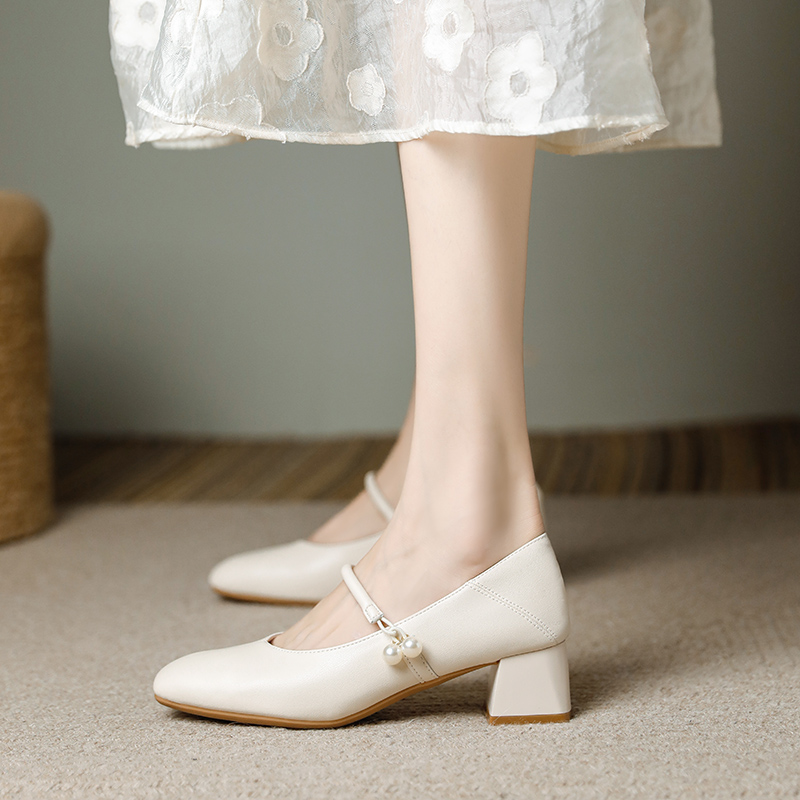 超软真皮法式温柔低跟方头杏色玛丽珍鞋旗袍单鞋工作皮鞋通勤女鞋