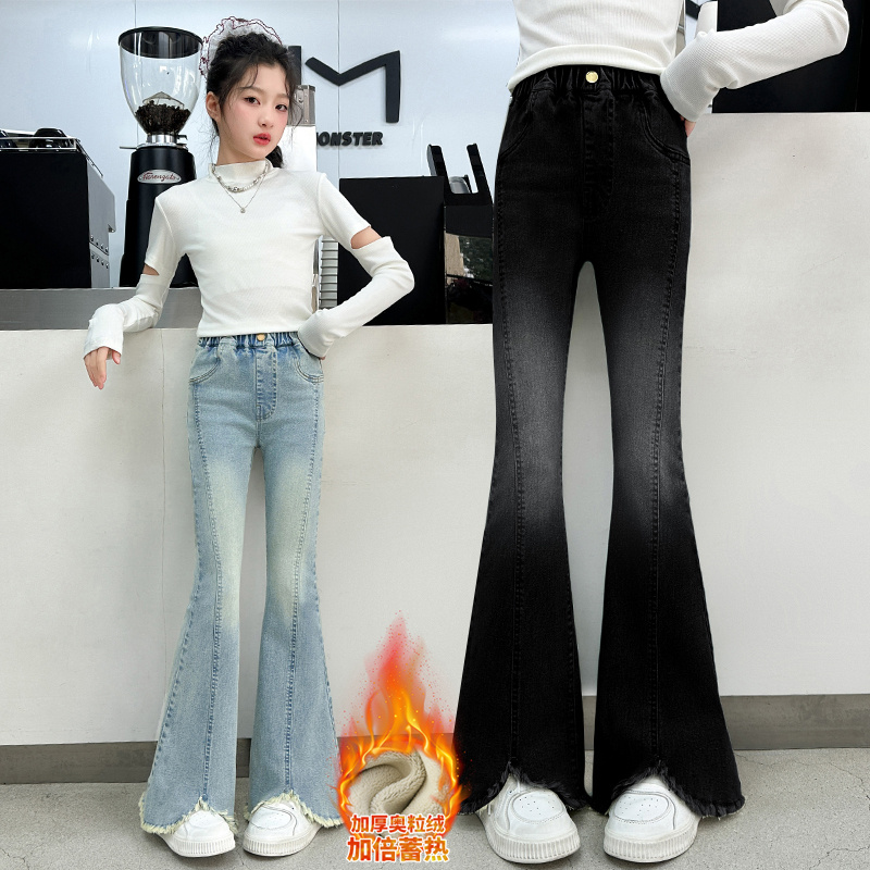 女童裤子秋冬装加绒加厚喇叭裤儿童中大童韩版休闲拼接毛边牛仔裤