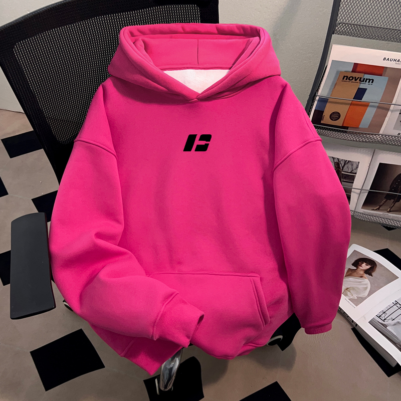 Dekkry秋冬火龙果色连帽卫衣简约字母印花加厚加绒男女情侣装上衣