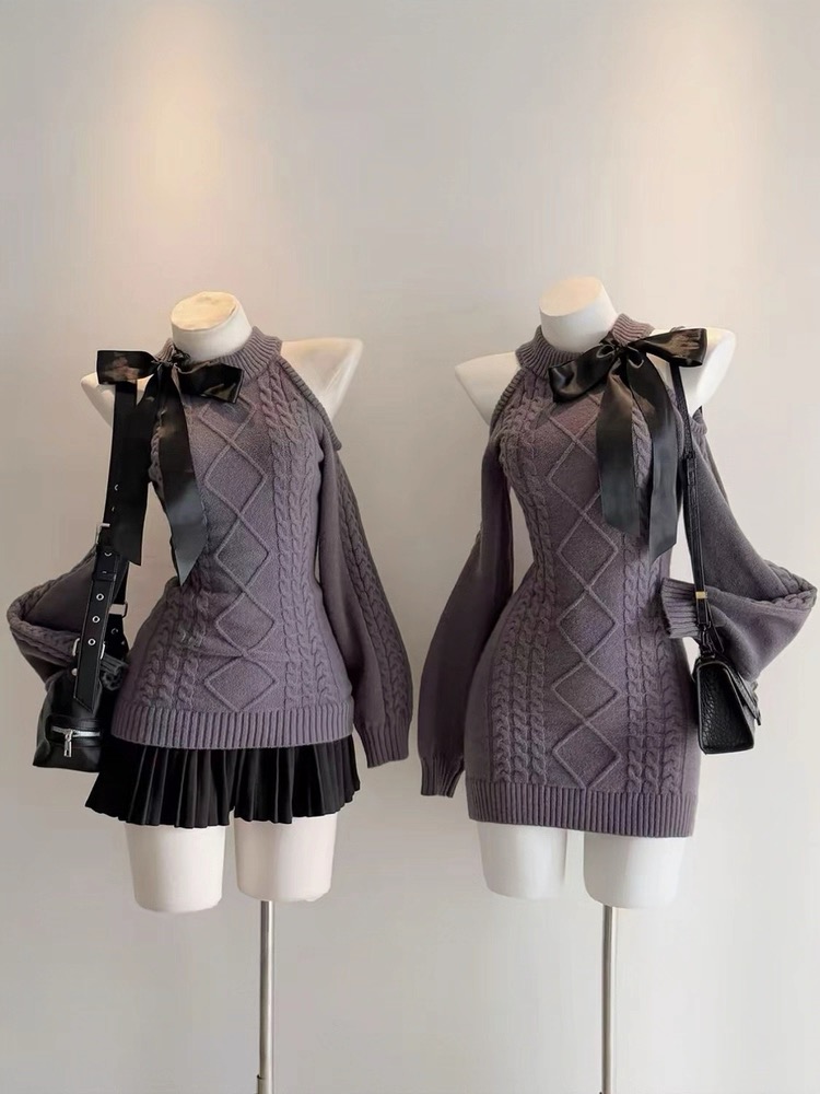 秋冬法式复古长袖包臀裙麻花毛衣千金感显瘦收腰露肩上衣