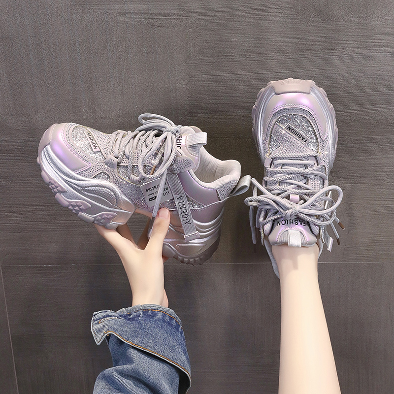 F网红时尚亮片高帮鞋女2025新款爆款j加绒老爹鞋女厚底休闲运动鞋