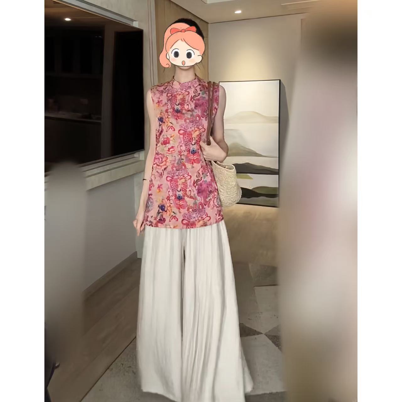 新中式提花无袖中长款上衣+阔腿裤夏季清凉感两件套