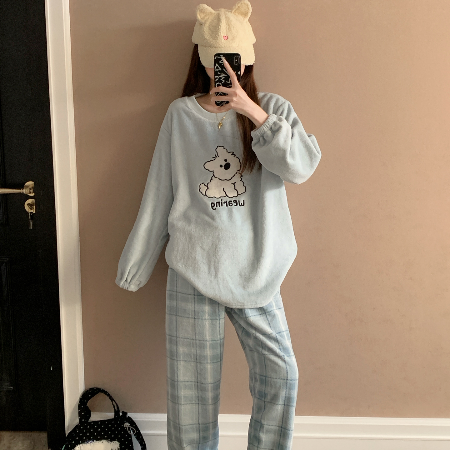 韩系法兰绒睡衣女冬季可爱蓝色小狗加厚保暖珊瑚绒学生家居服套装