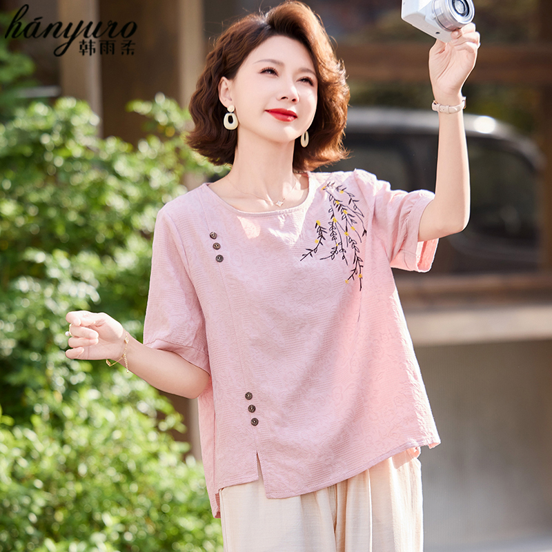 妈妈装夏款时尚套装女2025新款短袖t恤中老年夏装大码小衫上衣服