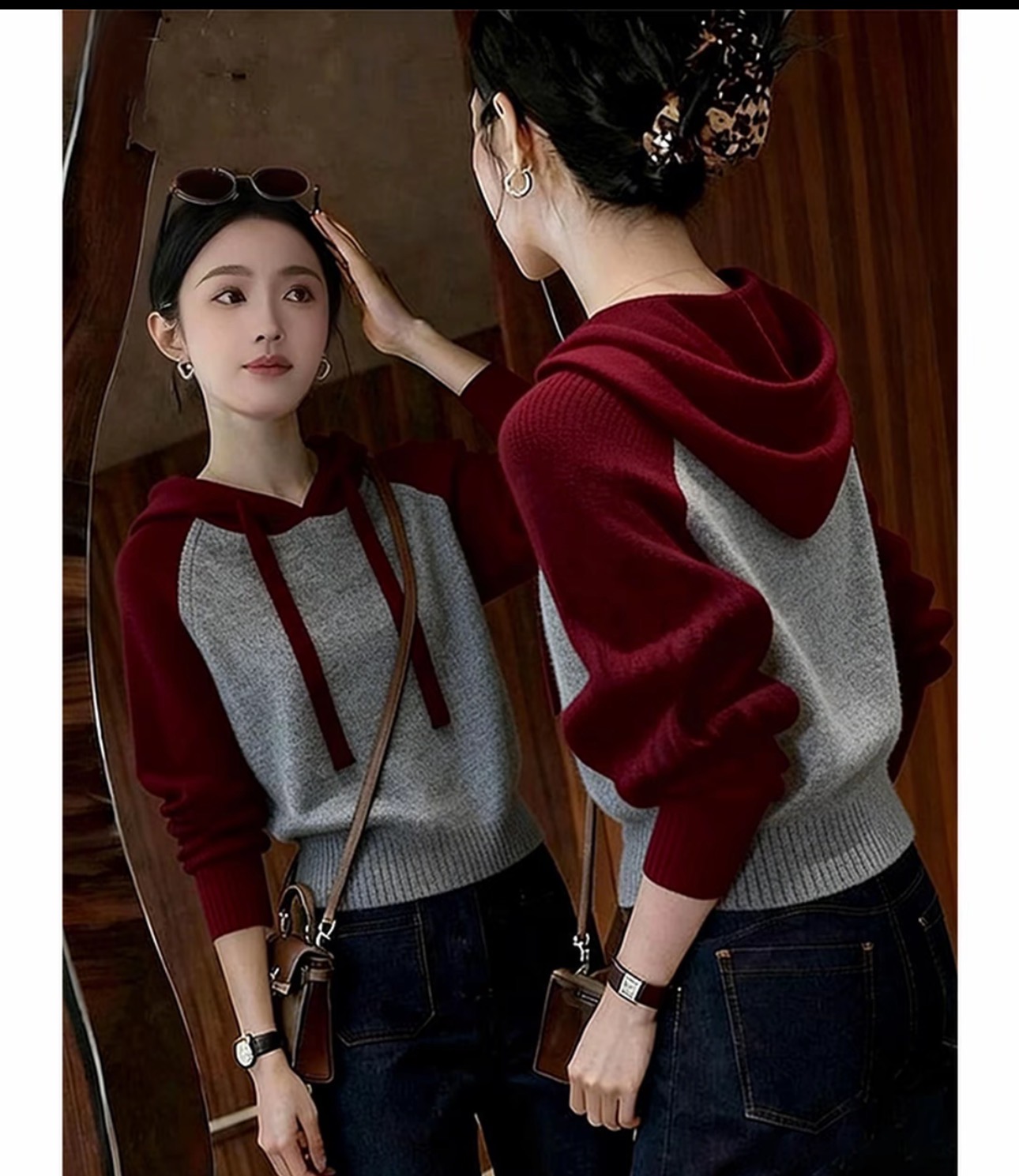 秋冬新款休闲慵懒风高级感显瘦撞色时尚拼色长袖连帽毛衣针织衫女