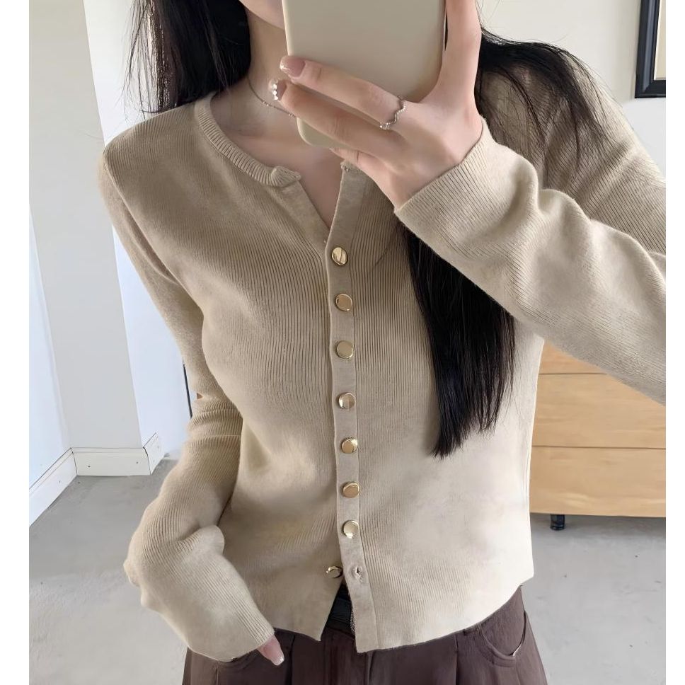 显瘦洋气百搭修身秋季气质针织开衫毛衣女春秋冬正肩领长款螺纹