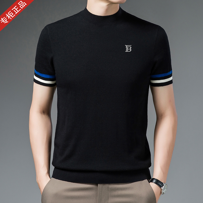 2025冬季新款大牌短袖T恤羊毛衫时尚休闲半高领刺绣针织打底衫男