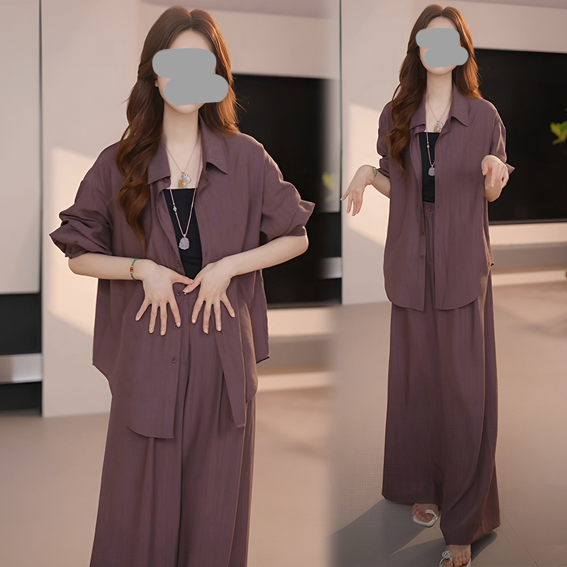 复古套装女扎染宽松翻领衬衫新款2026夏季宽松阔腿裤休闲裤两件套