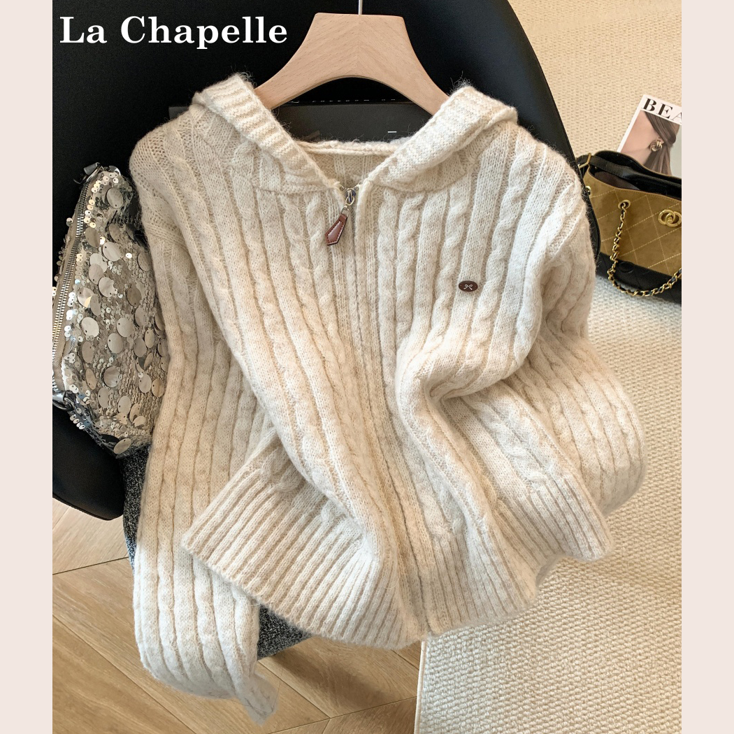 拉夏贝尔ins风连帽毛衣外套女秋冬新款宽松休闲百搭针织开衫上衣