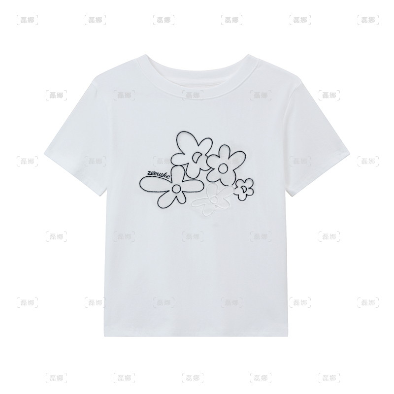 设计感花朵刺绣短袖t恤女夏季新品洋气漂亮小衫新款韩版正肩上衣