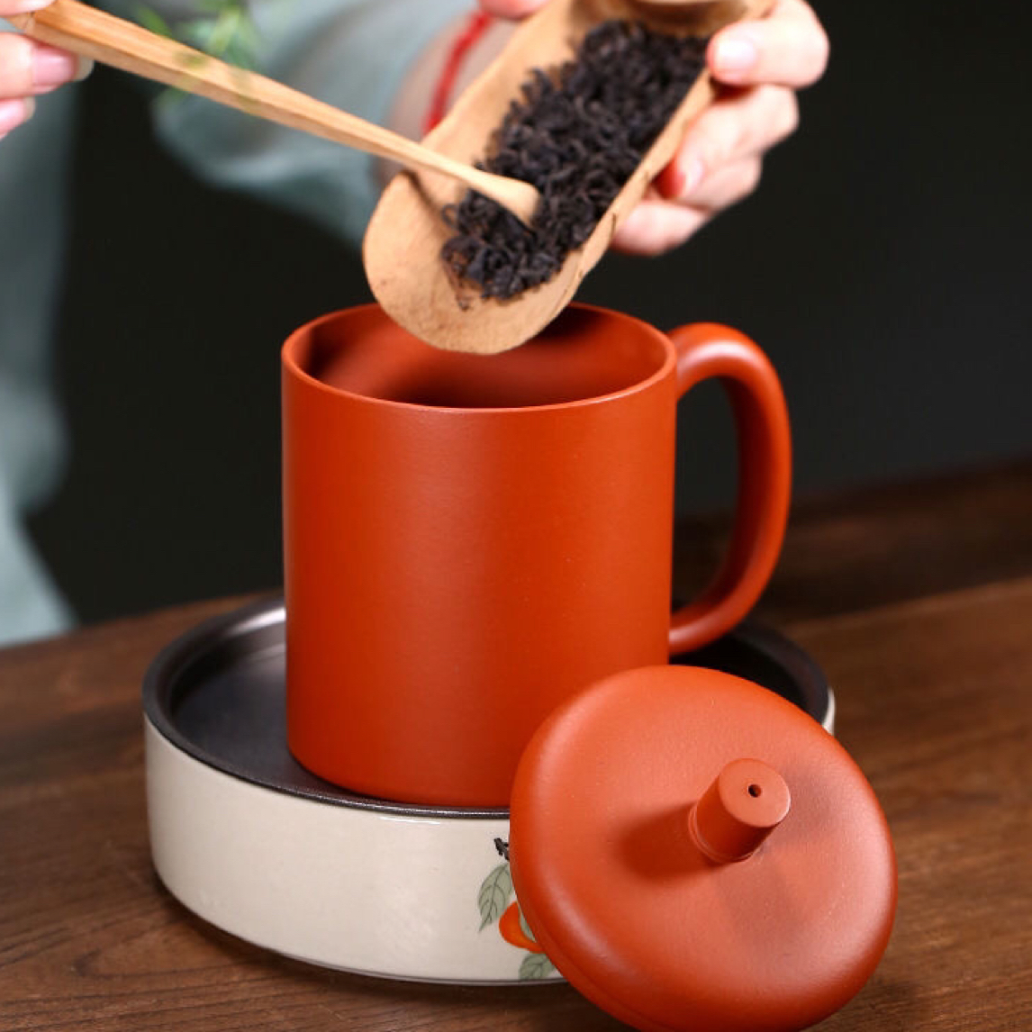 宜兴紫砂盖杯原矿朱泥光素款紫砂茶杯380毫升