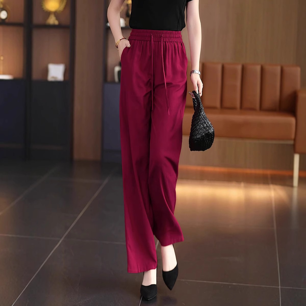 红色亚麻2025独特超好看裤子女夏直筒长裤高腰显瘦垂感休闲阔腿裤