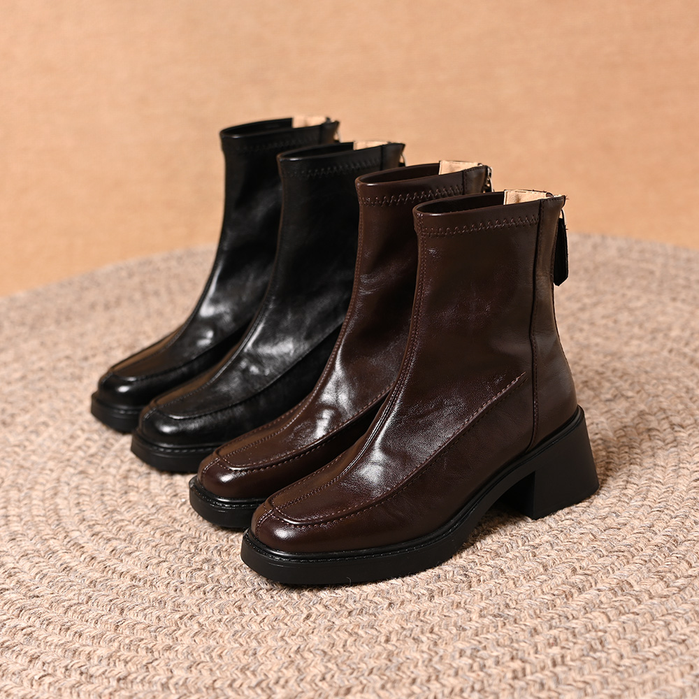 复古方头粗跟后拉链短靴女2025秋冬新款简约百搭弹力瘦瘦靴马丁靴