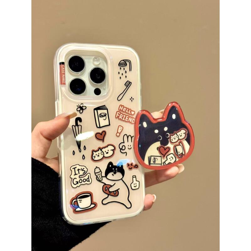 治愈系萌宠咖啡雨伞小黑狗适用iPhone16promax苹果15二合一手机壳