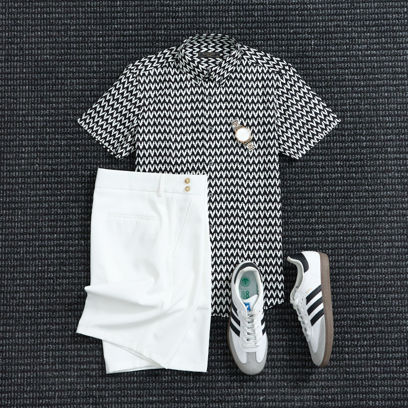 Mrperfect夏季男士波浪条纹商务修身衬衣免烫休闲印花短袖男衬衫