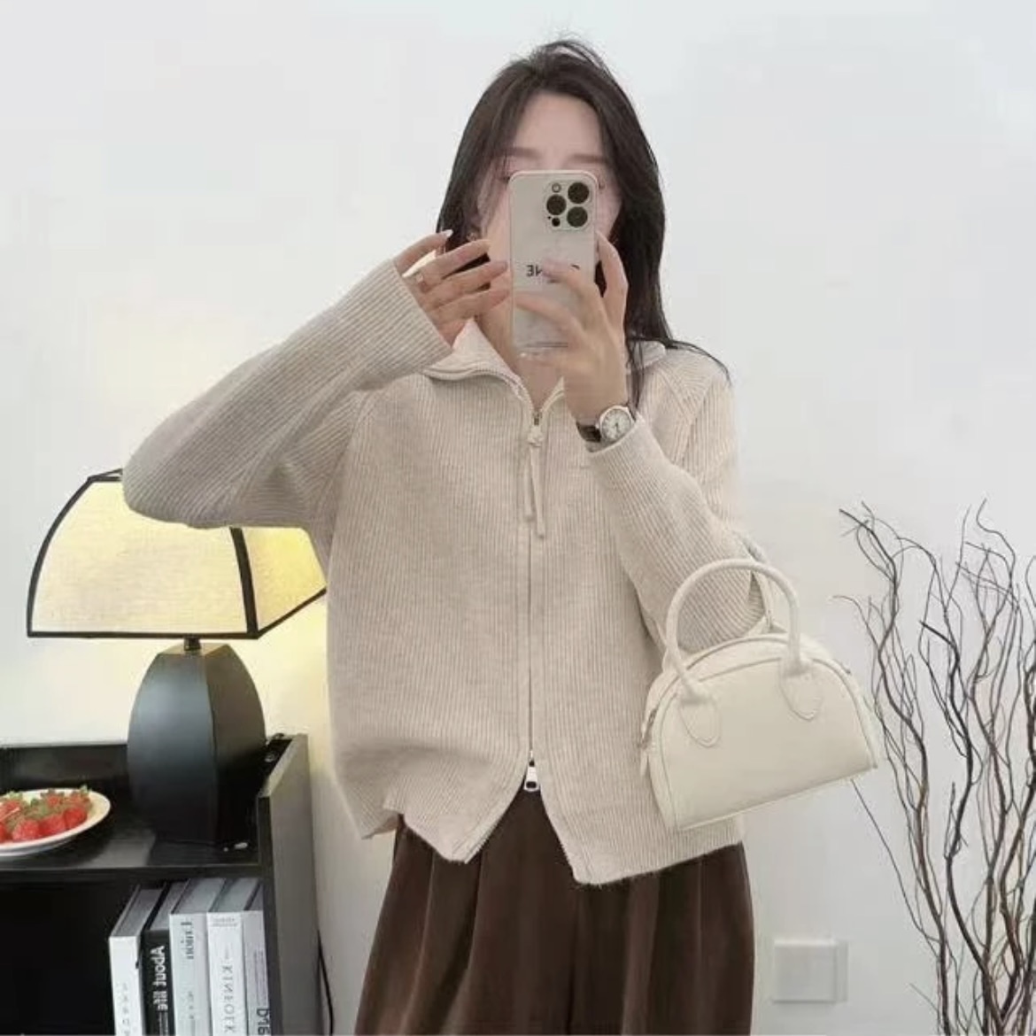 【加厚原版550克！】1214双层领双拉链打底立领女式毛衣针织百搭开衫