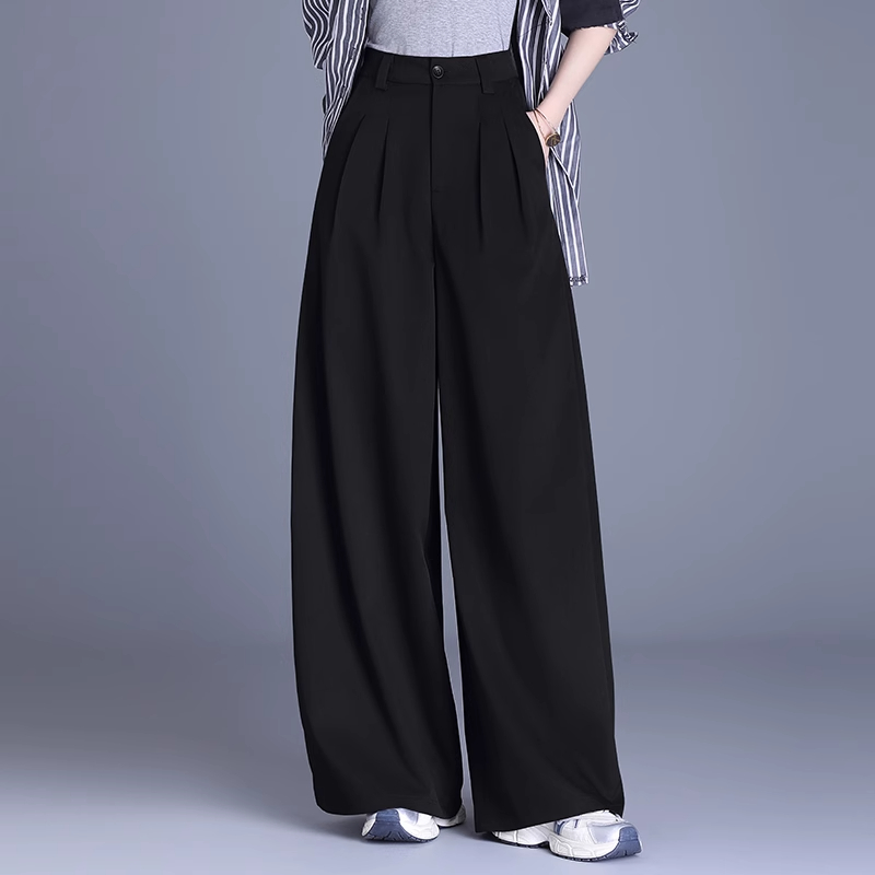 拉夏贝尔黑色高腰弯刀裤女2025夏季新款慵懒风宽松显瘦垂感西装裤