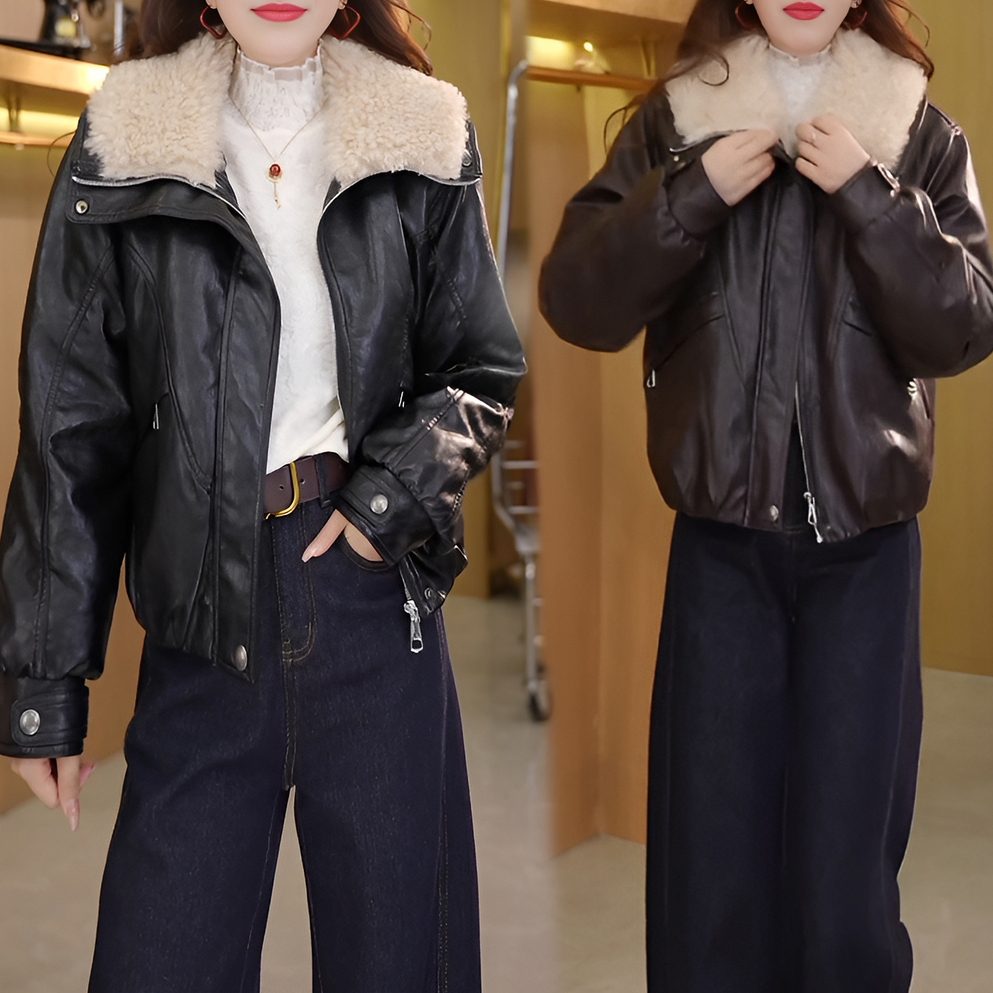 2025冬季新款设计感韩版显瘦加绒大翻领女皮毛一体复合洋气皮衣潮