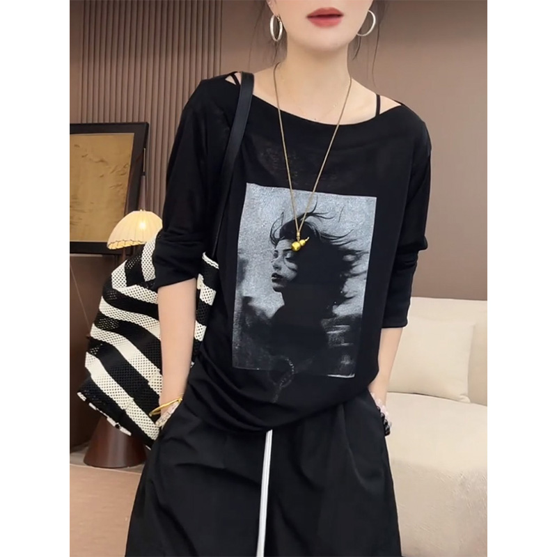 【斜肩艺术】美式复古斜领长袖防晒T恤女夏薄款设计感别致绝美上衣