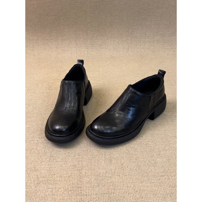 nnmiss·34-40/5cm极简复古圆头圆头深口一脚蹬小皮鞋百搭粗跟单鞋