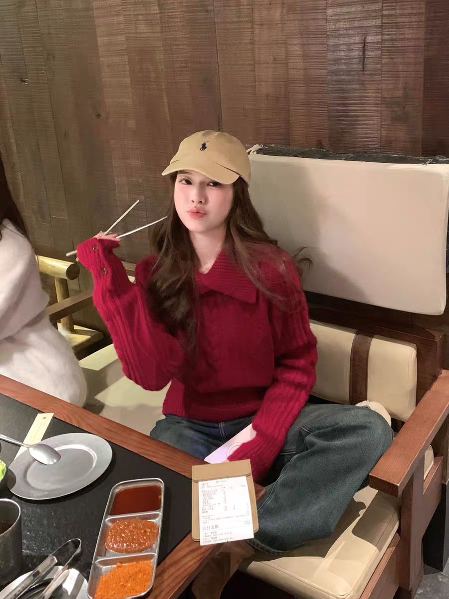 灰灰呀！秀智欧尼 韩代年货甜美翻领百搭加厚软糯麻花针织套头毛衣