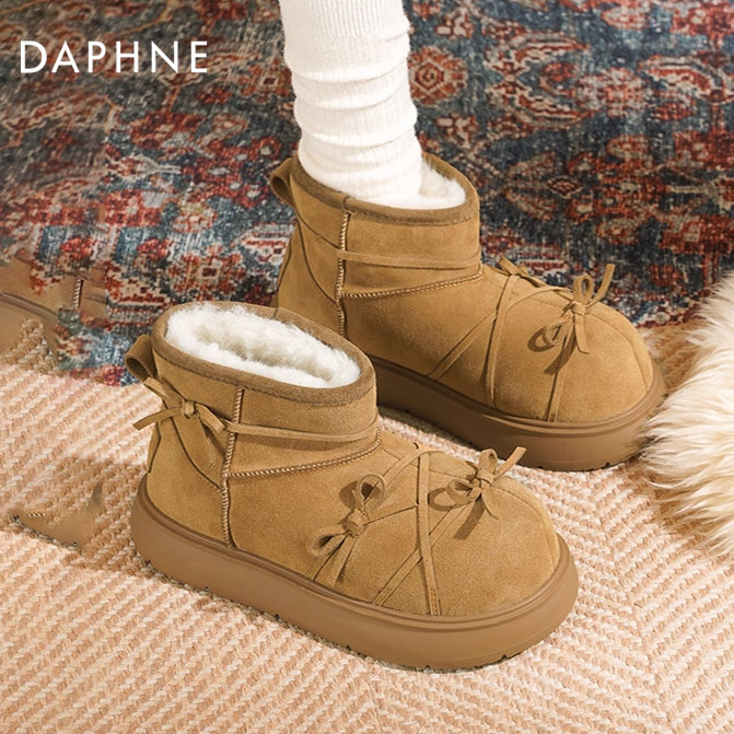 达芙妮厚底雪地靴女2025秋冬新款甜美蝴蝶结加绒加厚保暖面包鞋女