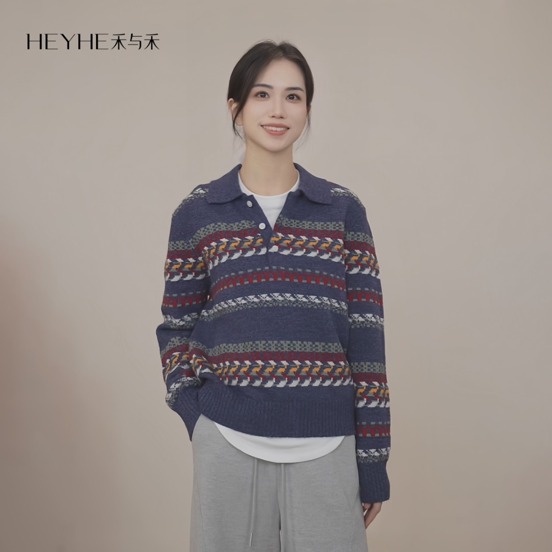 小禾【青鸟】绵羊毛混纺费尔岛民族复古提花POLO翻领套头毛衣针织衫