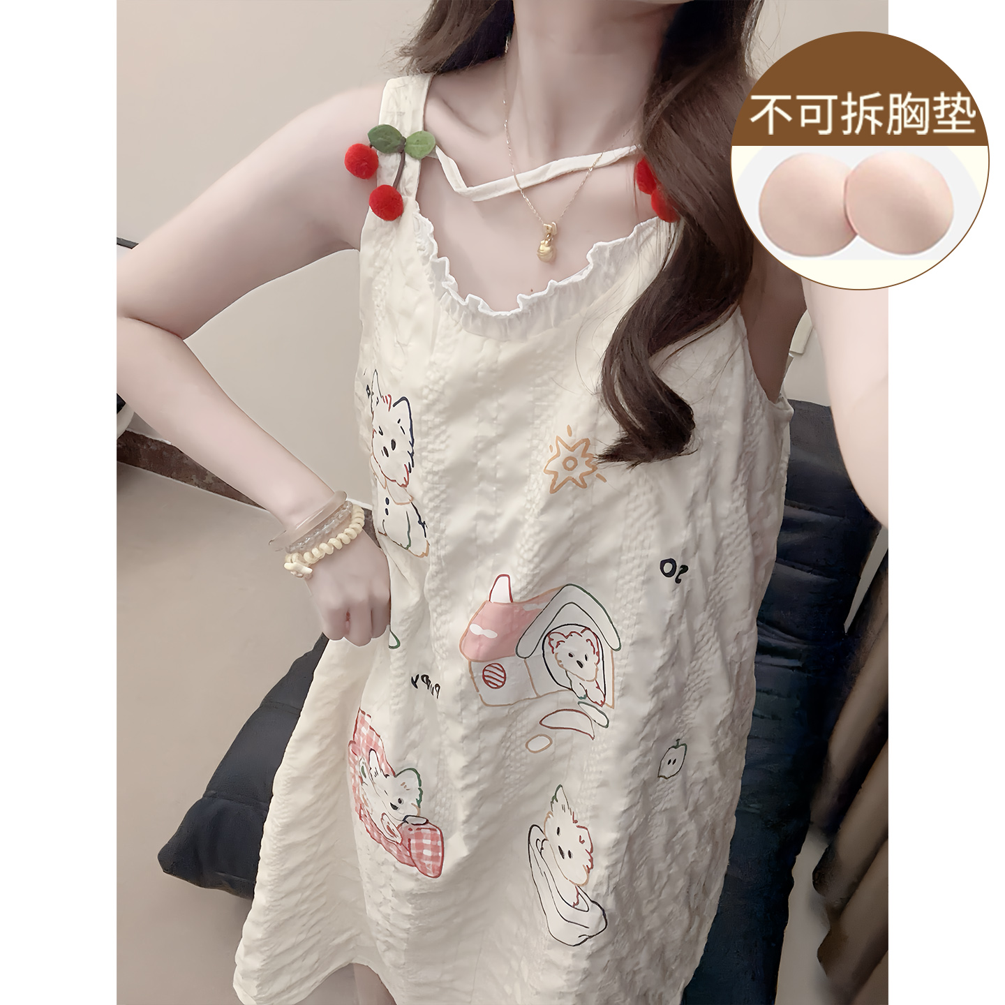 带胸垫睡裙女夏季云朵棉可爱风樱桃小狗少女夏天新款睡衣家居服