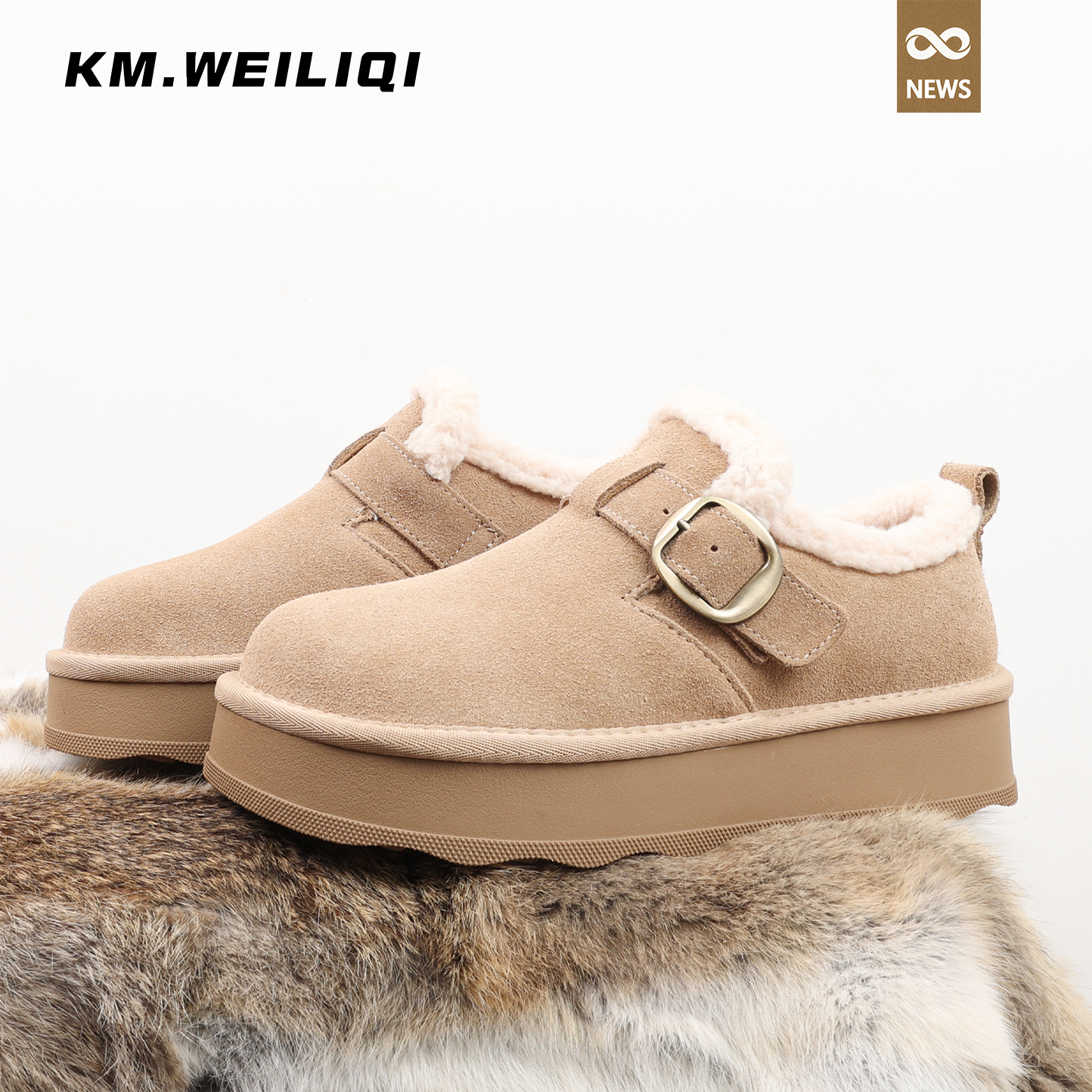 加绒勃肯鞋女厚底防滑一脚蹬毛毛短靴保暖雪地靴女冬季包跟百搭