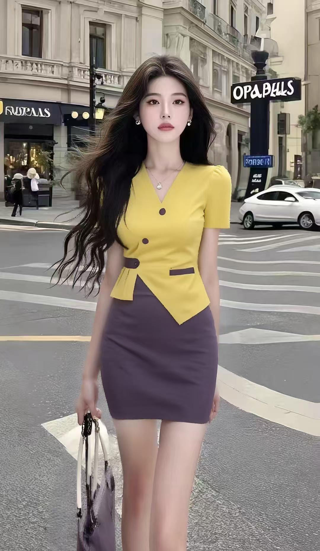 轻奢减龄时尚女装黄色修身短袖V领不规则上衣+紫色包臀半身裙套装