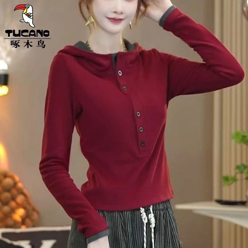 啄木鸟新款冬季套头连帽撞色T恤女半纽扣保暖弹力显瘦打底衫上衣