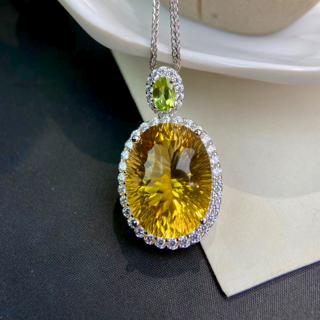 天然黄水晶吊坠浓郁黄宝石手工银镶嵌项链节日礼物首饰送女友妈妈