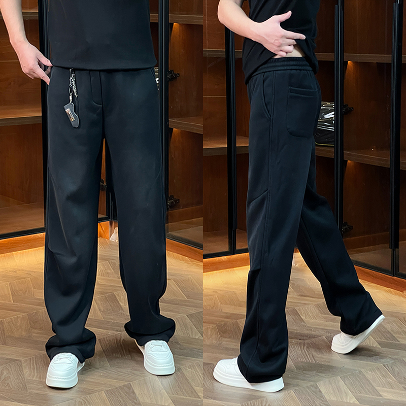 冬季加绒加厚简约休闲裤男士欧洲站轻奢纯色直筒裤潮流宽松运动裤