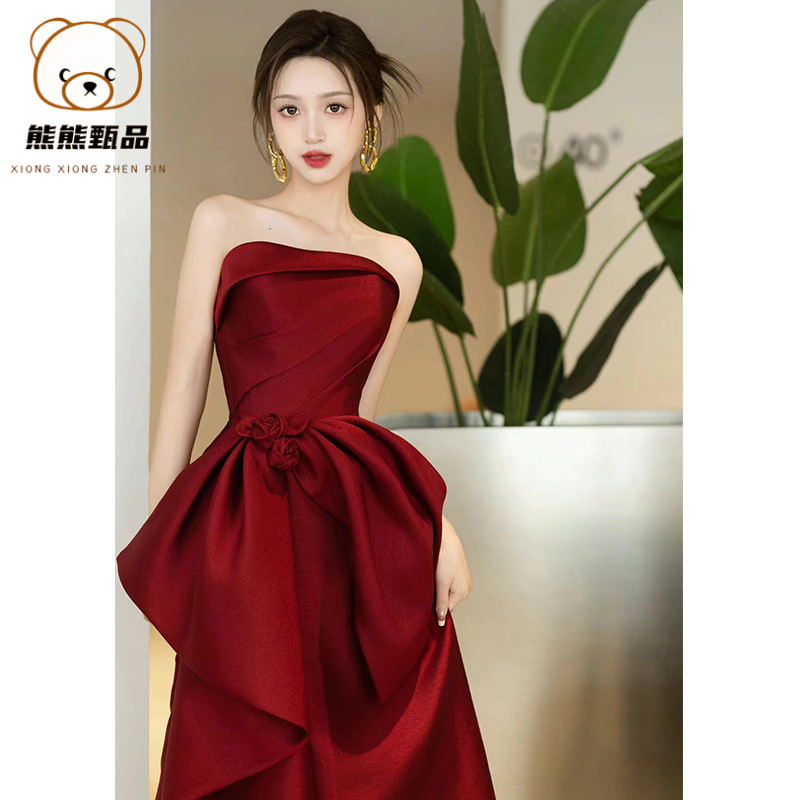 敬酒服新娘双12新款酒红色高级感缎面抹胸小个子结婚回门订婚礼yl