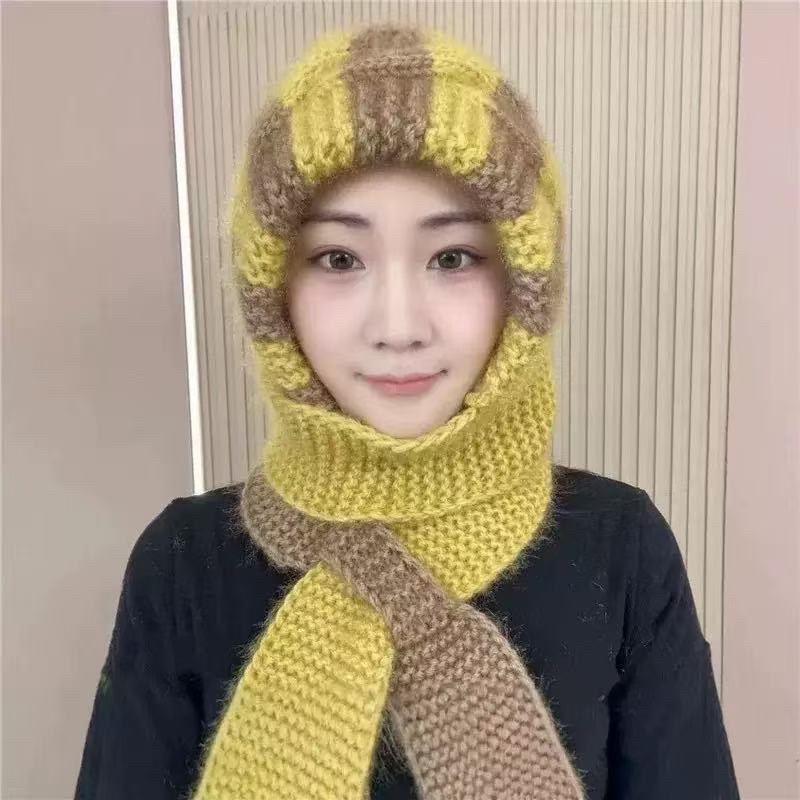 女士冬季加厚针织棋盘格手工编织帽子围巾护耳一体风雪帽