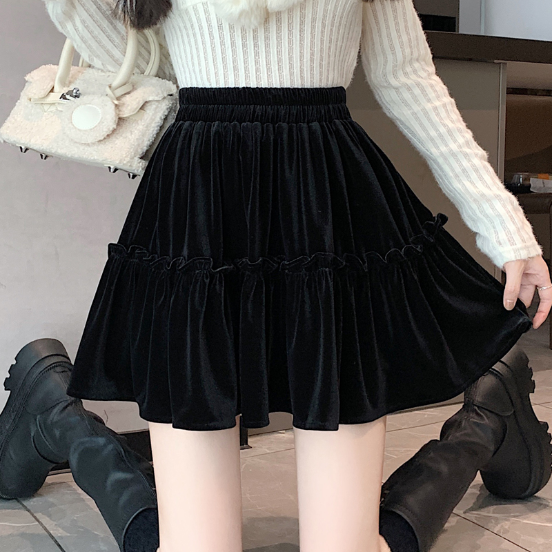 【冲量价】丝绒木耳边半身裙女2025秋冬季高腰显瘦小个子a字短裙子