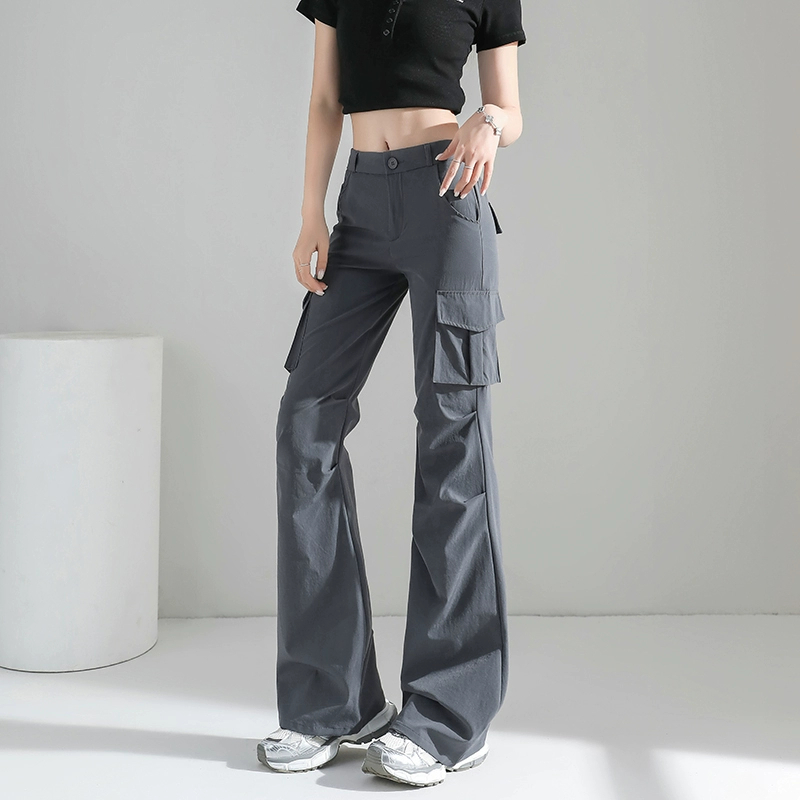 微喇叭工装裤女款秋季新款2025美式窄版小个子灰色高弹力喇叭裤子