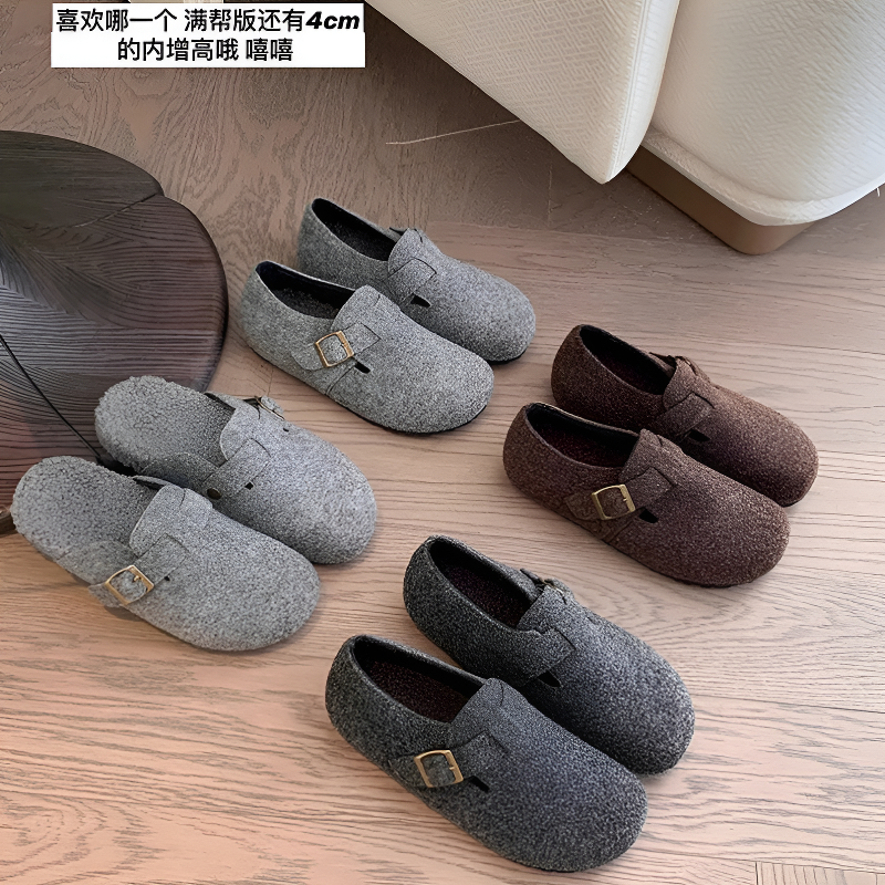 【茵茵家】保暖加绒内增高毛毛半拖外穿厚底勃肯单鞋女鞋秋冬季新款