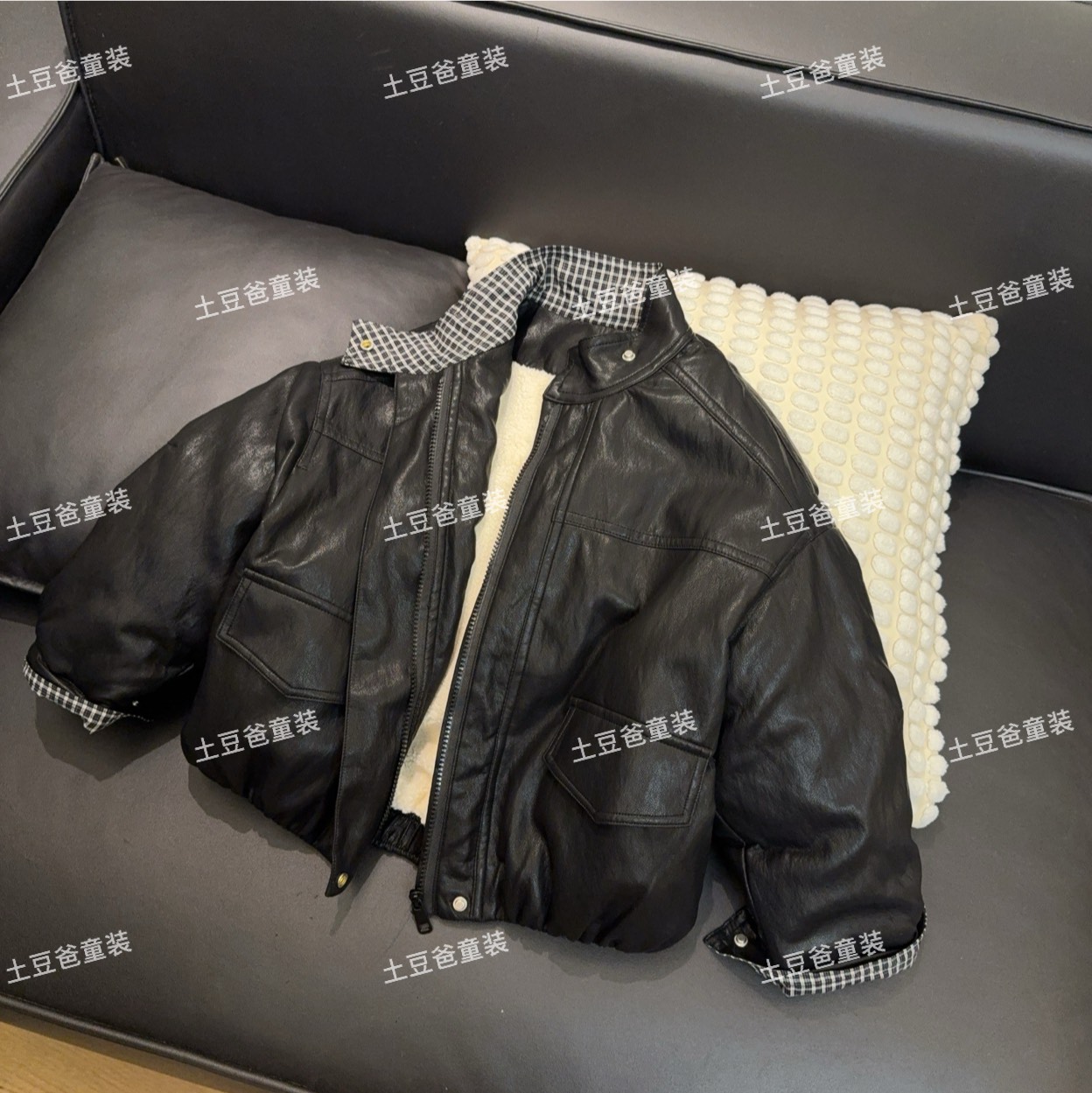 儿童冬季加绒加厚韩版皮衣时尚休闲黑色帅气冬款