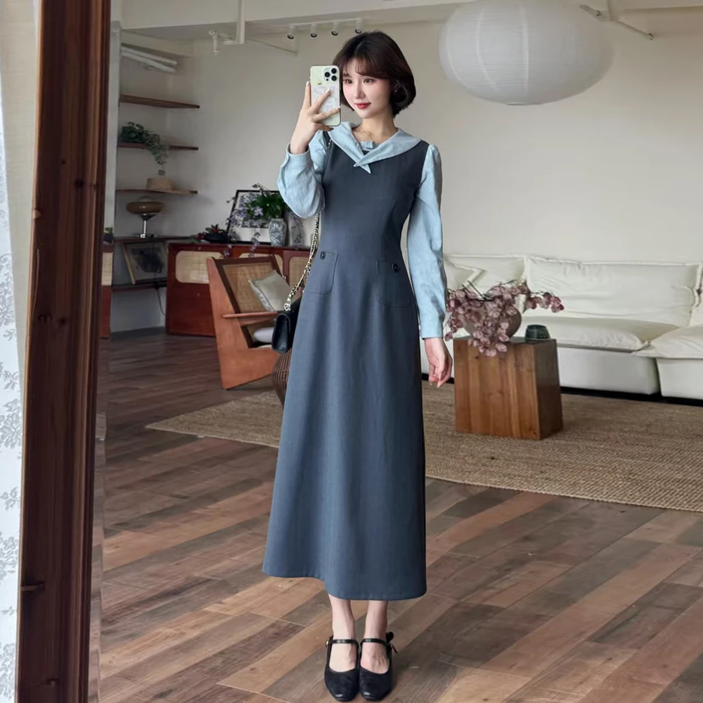 慵懒休闲假两件撞色连衣裙女装秋冬2025新款高级感收腰显瘦长裙子