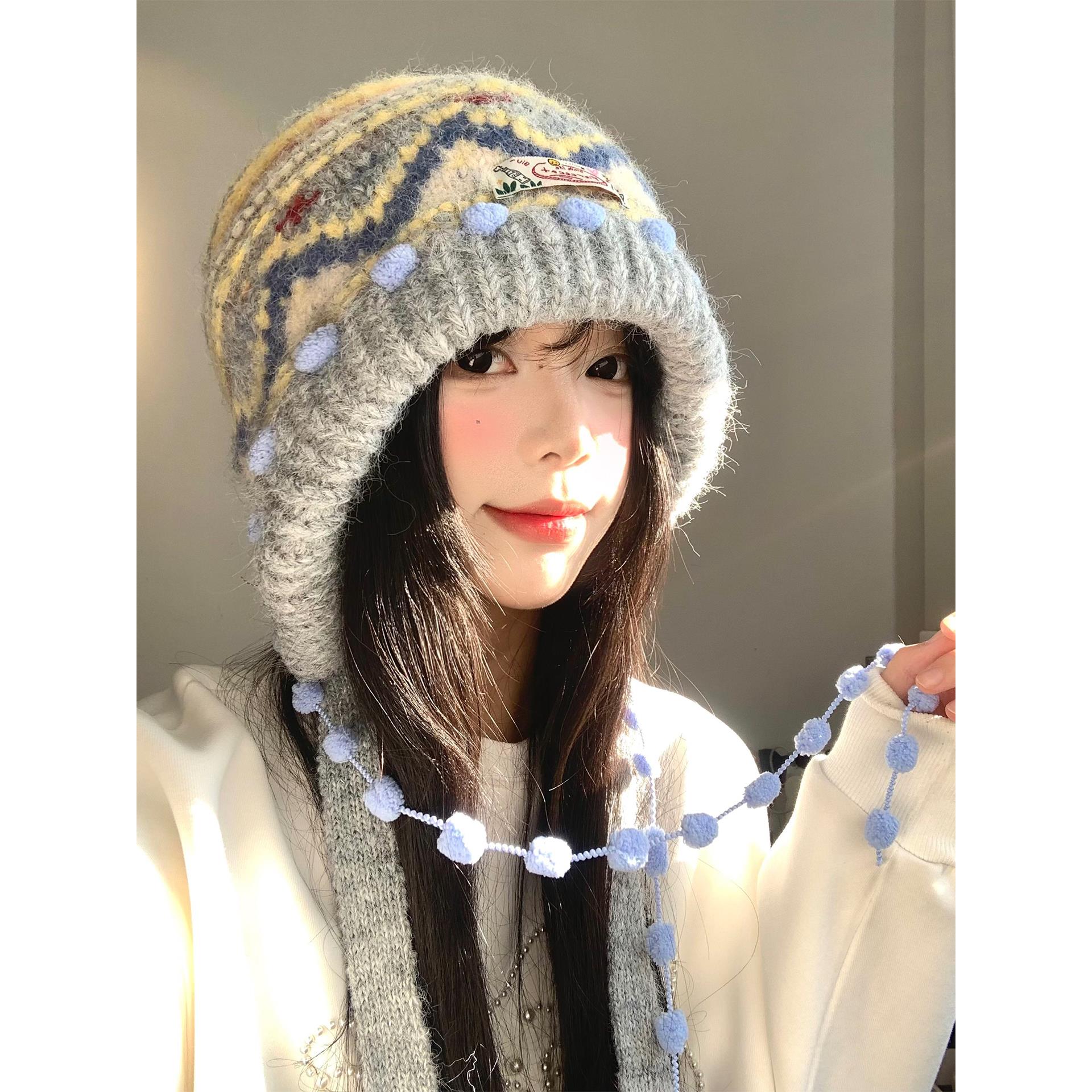 费尔岛复古针织巴拉克拉法帽女秋冬显脸小包头帽加厚保暖护耳帽子