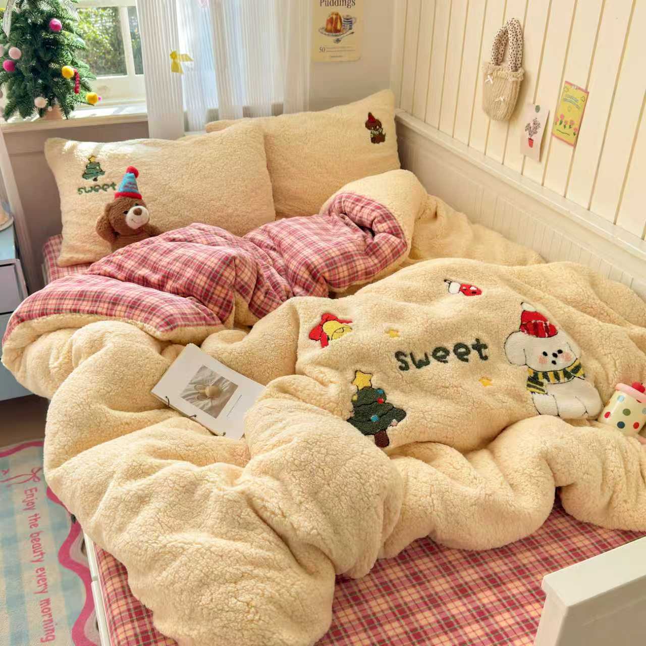 加厚羊羔绒床品四件套秋冬保暖牛奶绒毛绒被套防静电毛巾绣套件