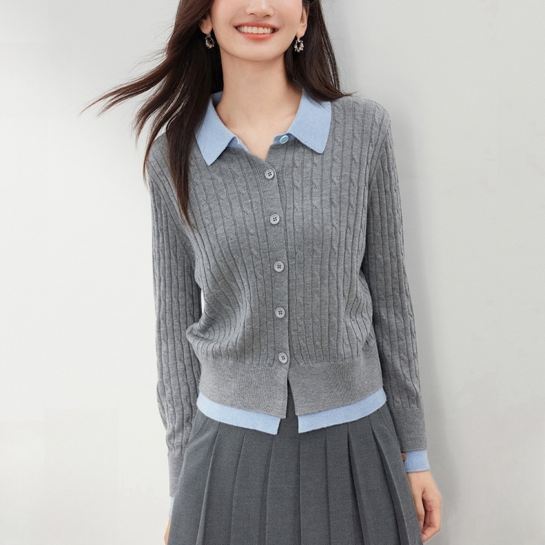 复古翻领假两件拼接坑条纹针织开衫女2025春秋设计感显瘦上衣0117