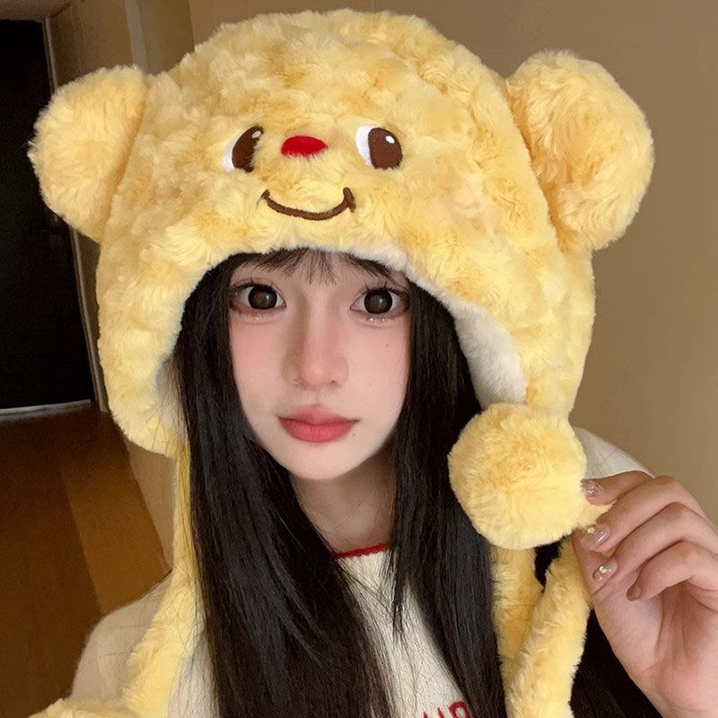 韩版小熊帽子可爱毛绒绒雷锋帽女显脸小2025冬季保暖防寒针织帽LW