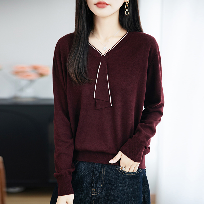 品牌2025新款秋冬撞色边V领飘带长袖针织衫气质宽松纯色上衣女