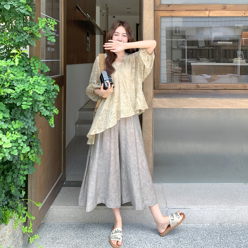 不规则提花上衣阔腿裤2025夏季新款松弛感气质韩系显瘦文艺范套装