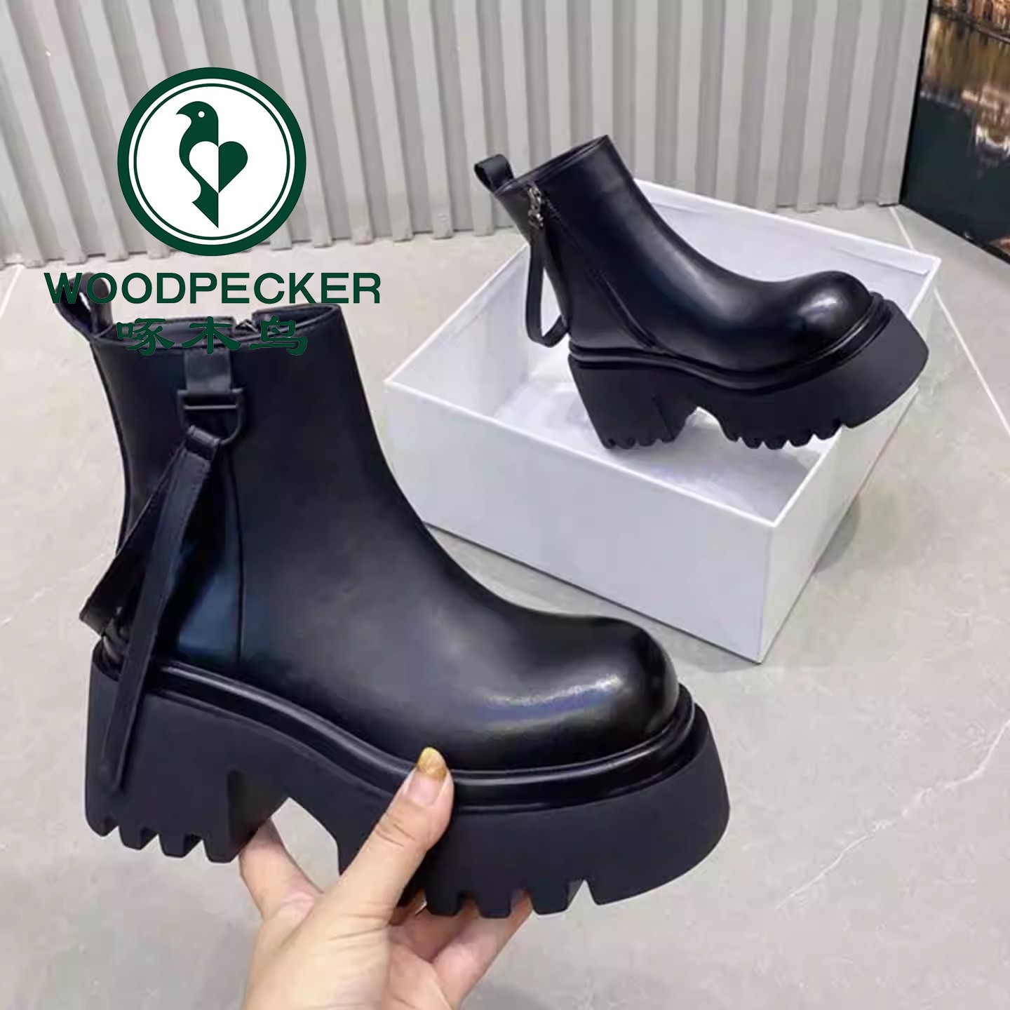 啄木鸟马丁靴2025新款厚底松糕系带休闲短靴7cm小个子增高机车靴